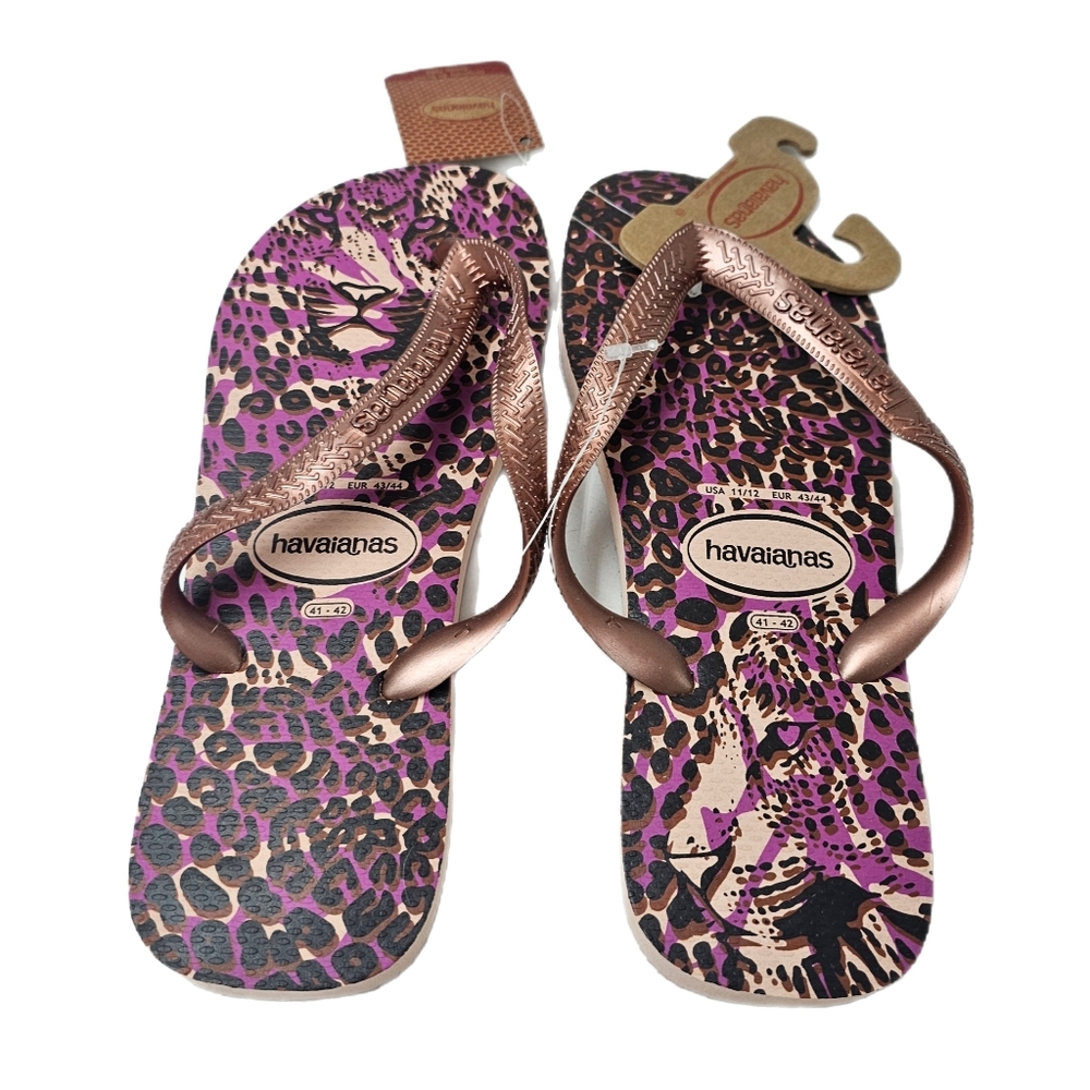 Havaianas Slim Animals Flip Flops Pink Purple Leopard Rose Gold Size 41/42